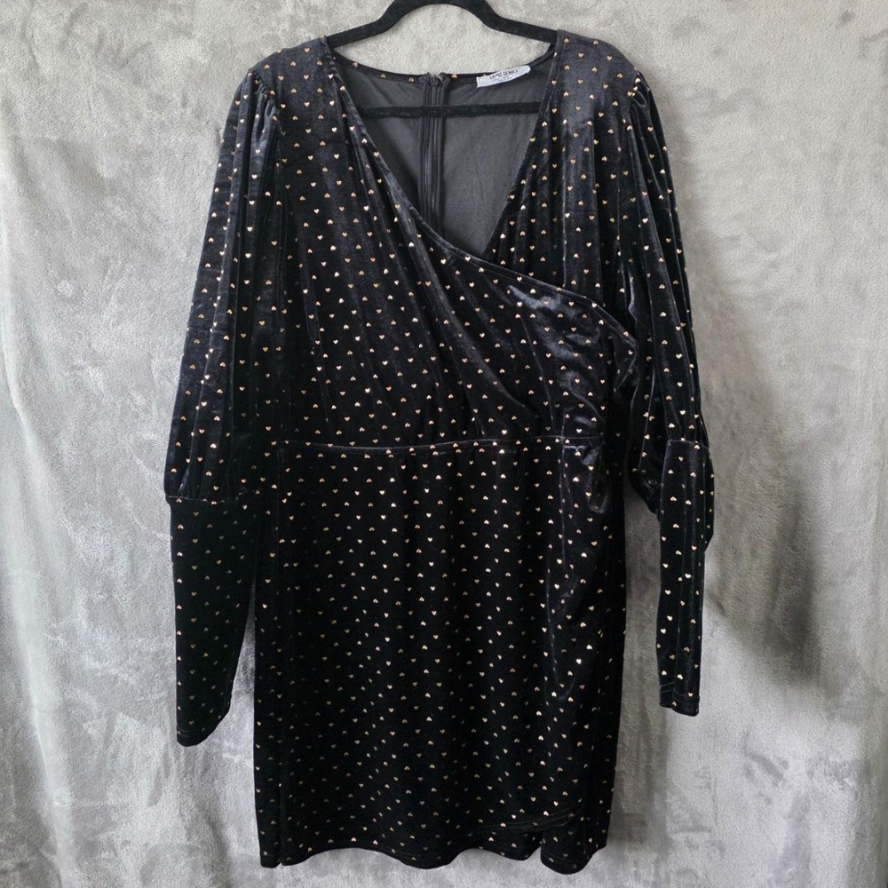 Saint Genies Metallic Gold Heart Velvet Long Slight Puff Sleeve Wrap Mini Dress